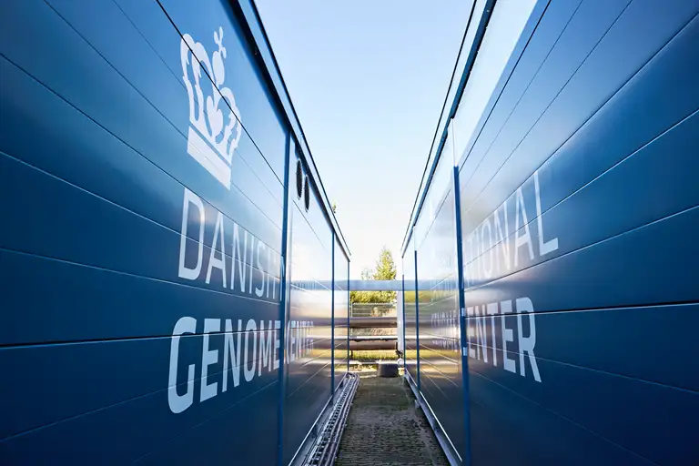 Billedet er taget mellem to blå containere med hvidt engelsk NGC logo på hver container.